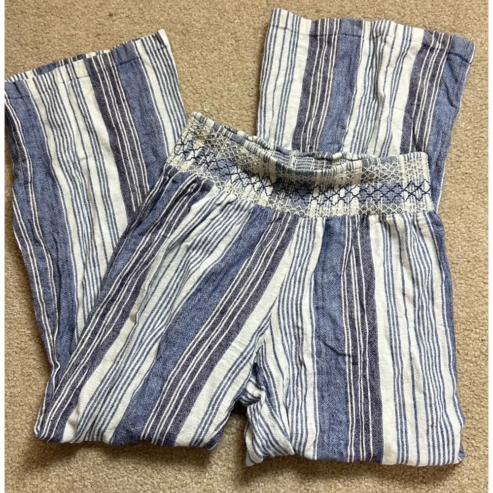 Indigo Rein Striped Wide Leg Pants Women's Size Medium Linen Blend Smocked Waist